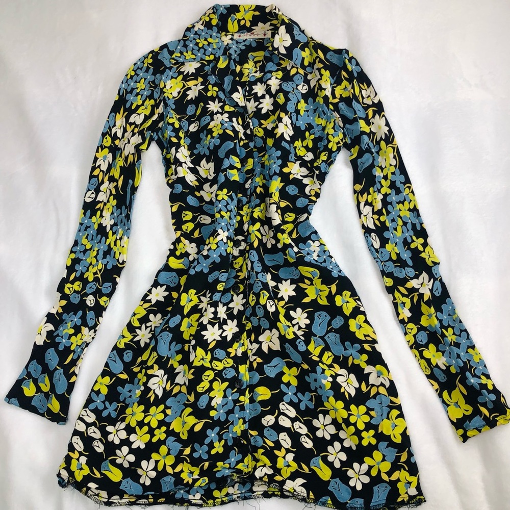 Vintage Black Floral Spring NC Love Summer Dress w Green Blue Roses & Tulips
